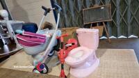 Childs pram and doll c/w child's flushing training toilet and child's scuttle bug, as new