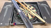 Riley snooker cue & Winmau darts cabinet & darts board