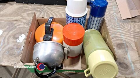 Collection of vintage thermos flasks & travel camping kettles