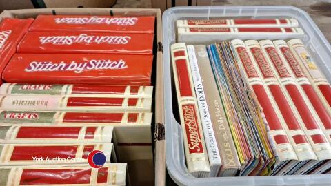 2 x boxes of sewing items including Super Stitch books, material etc