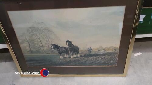 Alan Ingham Shire horses print, oval iron framed mirror and one other