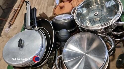 Box of frying pans, saucepans, roasting tins, carving tray