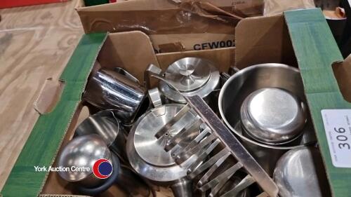 Box of stainless steel teapot, caddies, jugs, sugar bowl, toast rack