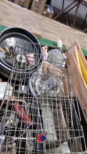 Box of kitchen bakeware and utensils