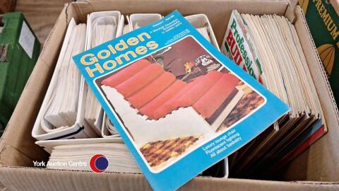 Box of vintage magazines including Science Now and Golden Homes, plus box of books