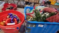 Box of Christmas decorations including tree stand and lights