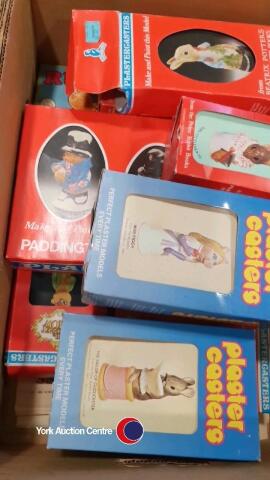 Box of vintage children's plaster cast molds, Muppets , Paddington , Rupert etc