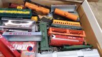 Box of model railway items, trains, track and accessories