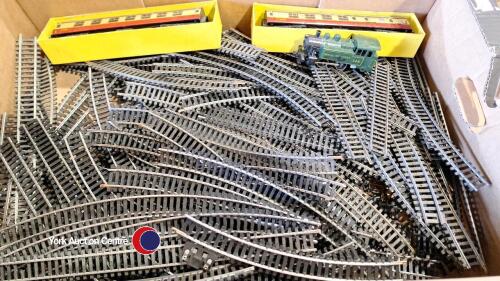 Large quantity of 00 guage steel track vgc, 2 x Horby Talisman coaches and 1 loco