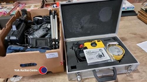 Box of cameras and equipment, including underwater camera and flash in case