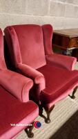 Pair of fuchsia upholstered high back arm chairs - 3