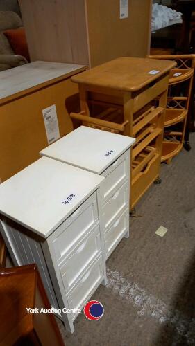 Wooden kitchen block on wheels with drawers and shelves, bamboo corner shelving unit