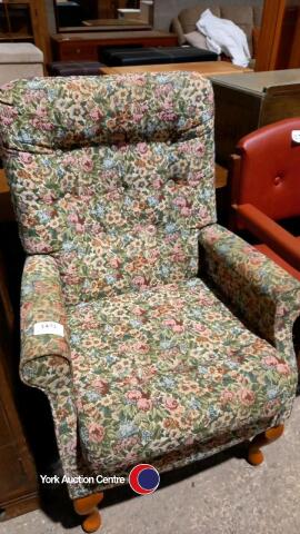 Floral upholstered high back armchair, and wood/leatherette office chair