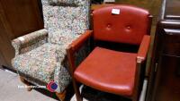 Floral upholstered high back armchair, and wood/leatherette office chair - 5