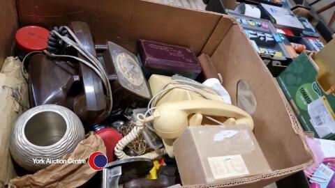 Box of collectables including vintage rotary dial phone