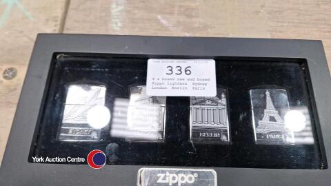 4 x brand new and boxed Zippo lighters, Sydney, London, Berlin, Paris