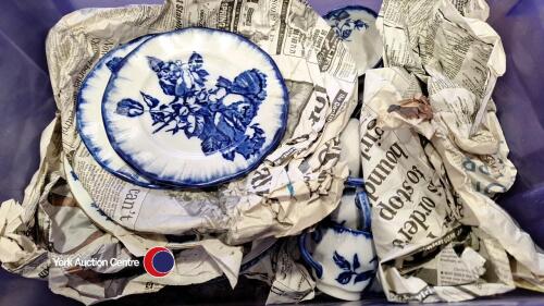 Box of mixed blue and white cups, saucers and plates