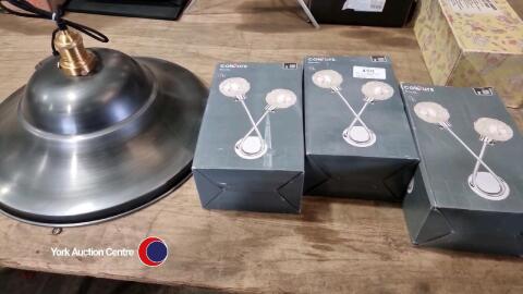 New and boxed set of 3 matching chrome wall lights plus new industrial style pendant light