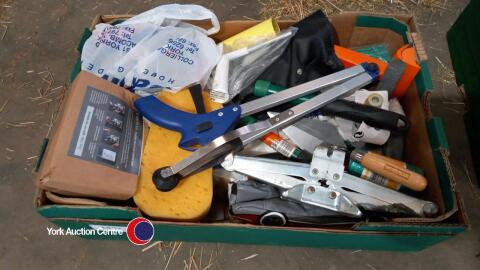 Box of garage tools including vice and car jack