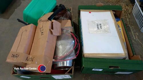 2 x boxes of garage and garden tools including foot pump and battery charger