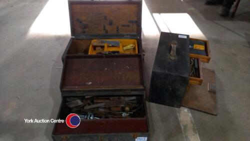 3 x solid hardwood tool chests owned and presumably made by Robert Percy Scott of Micklegate York. 1 x contains hand tools of mixed age, 1 x contains calipers, punches, chisels, bench vice and random metal hardware, 1 x contains files, mallets, calipers