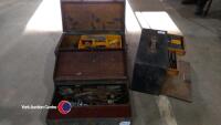 3 x solid hardwood tool chests owned and presumably made by Robert Percy Scott of Micklegate York. 1 x contains hand tools of mixed age, 1 x contains calipers, punches, chisels, bench vice and random metal hardware, 1 x contains files, mallets, calipers