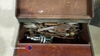 3 x solid hardwood tool chests owned and presumably made by Robert Percy Scott of Micklegate York. 1 x contains hand tools of mixed age, 1 x contains calipers, punches, chisels, bench vice and random metal hardware, 1 x contains files, mallets, calipers - 2