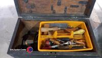 3 x solid hardwood tool chests owned and presumably made by Robert Percy Scott of Micklegate York. 1 x contains hand tools of mixed age, 1 x contains calipers, punches, chisels, bench vice and random metal hardware, 1 x contains files, mallets, calipers - 4