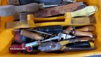 3 x solid hardwood tool chests owned and presumably made by Robert Percy Scott of Micklegate York. 1 x contains hand tools of mixed age, 1 x contains calipers, punches, chisels, bench vice and random metal hardware, 1 x contains files, mallets, calipers - 6