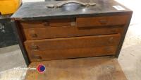 3 x solid hardwood tool chests owned and presumably made by Robert Percy Scott of Micklegate York. 1 x contains hand tools of mixed age, 1 x contains calipers, punches, chisels, bench vice and random metal hardware, 1 x contains files, mallets, calipers - 7