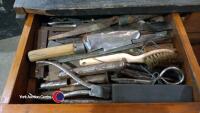 3 x solid hardwood tool chests owned and presumably made by Robert Percy Scott of Micklegate York. 1 x contains hand tools of mixed age, 1 x contains calipers, punches, chisels, bench vice and random metal hardware, 1 x contains files, mallets, calipers - 8