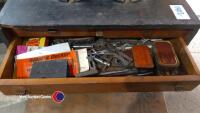 3 x solid hardwood tool chests owned and presumably made by Robert Percy Scott of Micklegate York. 1 x contains hand tools of mixed age, 1 x contains calipers, punches, chisels, bench vice and random metal hardware, 1 x contains files, mallets, calipers - 11