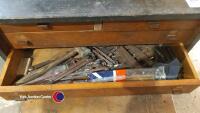 3 x solid hardwood tool chests owned and presumably made by Robert Percy Scott of Micklegate York. 1 x contains hand tools of mixed age, 1 x contains calipers, punches, chisels, bench vice and random metal hardware, 1 x contains files, mallets, calipers - 12