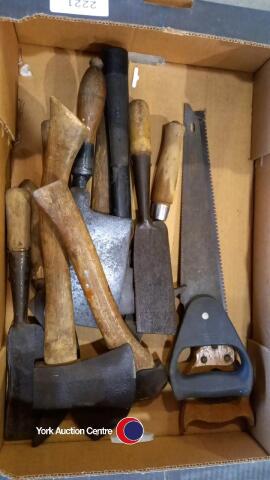 Tray of axes, sickles and cutting tools