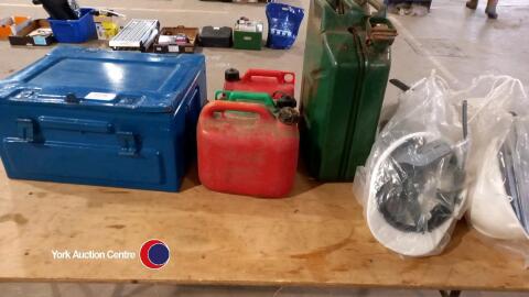 Metal ammunition box, fuel containers and hard hats