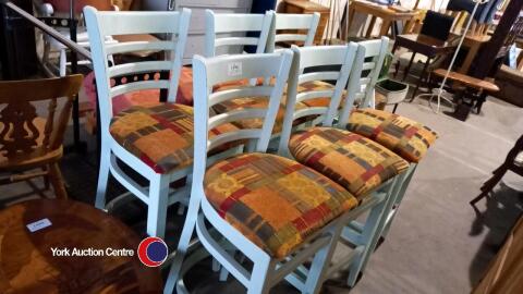 6 x painted hardwood kitchen bar stools with backs & upholstered seats