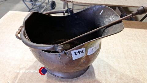 Solid copper Victorian coal bucket and implements