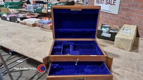 Large empty vintage oak cutlery box with key