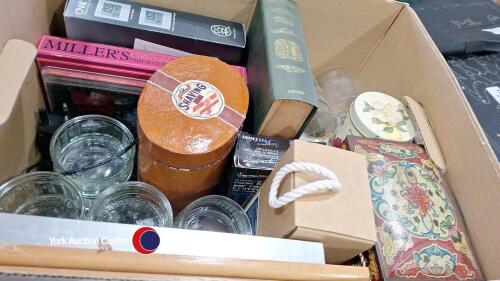 Box of household items including glass ramakins, tins, Monet prints in frames, as new toiletries gift box