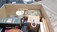 Box of household items including glass ramakins, tins, Monet prints in frames, as new toiletries gift box - 2