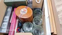 Box of household items including glass ramakins, tins, Monet prints in frames, as new toiletries gift box - 3