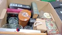 Box of household items including glass ramakins, tins, Monet prints in frames, as new toiletries gift box - 4