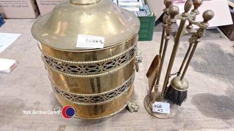 Brass coat scuttle and brass fireside companion set