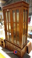 Distressed wood effect glass door display cabinet with drawers