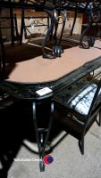 Dark grey/gold colour metal frame dining table with glass top 6ftx3ft and 6 x matching metal frame chairs with silver grey floral upholstered seats. Very good condition and from smoke free home. - 3