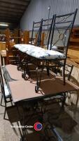 Dark grey/gold colour metal frame dining table with glass top 6ftx3ft and 6 x matching metal frame chairs with silver grey floral upholstered seats. Very good condition and from smoke free home. - 4