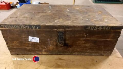 WW2 wooden military box, stamped 'THOMPKINS.V.425440' on lid front & stamped 'G.R.V1 1942' & 'GR.Ltd' + a crown symbol on the base. Treated for woodworm. Preservation project