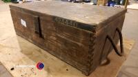 WW2 wooden military box, stamped 'THOMPKINS.V.425440' on lid front & stamped 'G.R.V1 1942' & 'GR.Ltd' + a crown symbol on the base. Treated for woodworm. Preservation project - 7