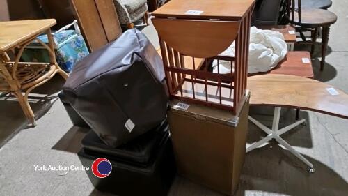 Leatherette storage box seat, foot rest, laundry basket with glass top and magazine rack table