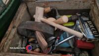 Wooden toolbox and box of decorating tools including electric paint stripper